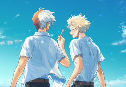 Rule 34 | 2boys, :d, ^ ^, bakugou katsuki, belt, blonde hair, blue sky, blush, boku no hero academia, brown belt, closed eyes, cloud, collared shirt, commentary request, day, facing away, hand up, happy, holding, looking to the side, male focus, multicolored hair, multiple boys, omikuji, open mouth, outdoors, red hair, sanda (tecco2), shirt, shirt tucked in, short hair, short sleeves, sky, smile, spiked hair, split-color hair, standing, todoroki shouto, two-tone hair, white hair, white shirt, wind