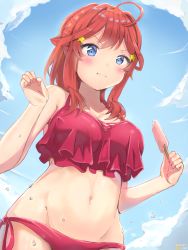 Rule 34 | 1girl, :i, ahoge, bare shoulders, bikini, blue eyes, blue sky, blush, breasts, cleavage, closed mouth, cloud, collarbone, commentary request, dated, day, eru (aeeu2243), food, frilled bikini, frills, from below, go-toubun no hanayome, groin, hair ornament, highres, holding, holding food, large breasts, long hair, looking at viewer, midriff, nakano itsuki, navel, popsicle, red bikini, red hair, side-tie bikini bottom, sidelocks, signature, sky, solo, standing, star (symbol), star hair ornament, summer, swimsuit, upper body, w arms, water drop, wet