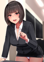 Rule 34 | 1girl, bob cut, breasts, brown eyes, brown hair, business suit, dress, formal, highres, ishimiso (ishimura), large breasts, looking at viewer, microdress, microskirt, minidress, miniskirt, office lady, panties, pantyshot, pencil skirt, skirt, skirt suit, smile, solo, standing, suit, underwear