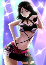 Rule 34 | 1girl, black hair, black skirt, black thighhighs, blue eyes, blush, breasts, cleavage, closed mouth, feet out of frame, fishnet thighhighs, fishnets, girls und panzer, groin, hand on own hip, highres, large breasts, long hair, looking at viewer, miniskirt, navel, nonna (girls und panzer), ryuuji-san, shiny skin, simple background, skirt, smile, solo, sparkle background, standing, thighhighs