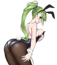 Rule 34 | 1girl, azur lane, bare shoulders, blush, breasts, danbora, fishnet pantyhose, fishnets, green hair, large breasts, leotard, long hair, looking at viewer, open mouth, pantyhose, playboy bunny, shropshire (azur lane), simple background, smile, white background