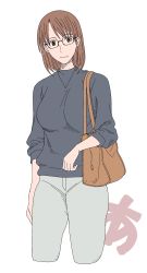 Rule 34 | 1girl, absurdres, aged up, alternate costume, alternate hairstyle, azumanga daiou, bag, breasts, brown eyes, brown hair, closed mouth, commentary, denim, glasses, handbag, highres, jeans, jewelry, large breasts, long sleeves, looking at viewer, mizuhara koyomi, necklace, pants, short hair, sleeves rolled up, smile, solo, white background, yuujin s