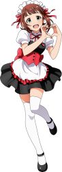 Rule 34 | 10s, 1girl, amami haruka, apron, blush, brown hair, corset, full body, green eyes, hair ribbon, heart, heart hands, idolmaster, idolmaster (classic), idolmaster 2, looking at viewer, maid, maid apron, maid headdress, mary janes, official art, open mouth, ribbon, shoes, short hair, solo, thighhighs, transparent background, zettai ryouiki