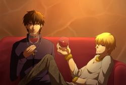 Rule 34 | 2boys, alcohol, aoimio, blonde hair, bracelet, brown hair, couch, cross, cross necklace, cup, drinking glass, fate/zero, fate (series), gilgamesh (fate), jewelry, kotomine kirei, multiple boys, necklace, official alternate costume, red eyes, red upholstery, wine, wine glass