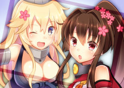 Rule 34 | 10s, 2girls, :o, ;d, bare shoulders, blonde hair, blue eyes, blush, breasts, brown hair, cleavage, flower, hair flower, hair ornament, iowa (kancolle), kantai collection, large breasts, long hair, looking at viewer, multiple girls, one eye closed, open mouth, ponytail, red eyes, smile, star-shaped pupils, star (symbol), suzu, suzumia (daydream), symbol-shaped pupils, upper body, yamato (kancolle)