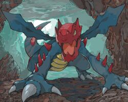 Rule 34 | absurdres, cave, claws, commentary request, creatures (company), druddigon, fang, full body, game freak, gen 5 pokemon, highres, nintendo, no humans, open mouth, oyasuminjyutsu, pokemon, pokemon (creature), signature, skin fang, solo, spikes, tongue, yellow eyes