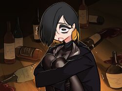 Rule 34 | 1girl, black eyes, black gloves, black hair, blonde hair, borrowed character, bottle, breasts, centurii-chan (artist), cleavage, closed mouth, coat, collarbone, commentary, english commentary, gloves, hair over one eye, highres, holding, holding bottle, indoors, large breasts, long sleeves, multicolored hair, one eye covered, original, short hair, sitting, solo, two-tone hair, wine bottle