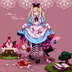 Rule 34 | 1girl, alice (alice in wonderland), alice in wonderland, ameya nihachi, animal ears, apron, bird, blonde hair, book, bottle, bow, bug, butterfly, card, cat tail, cookie, cup, curtsey, dress, flower, food, hair bow, insect, kinoko (pixiv), mary janes, mushroom, open book, paintbrush, pantyhose, playing card, pocket watch, rabbit ears, rose, shoes, skirt basket, smile, striped clothes, striped pantyhose, tail, tea, teacup, tree, watch