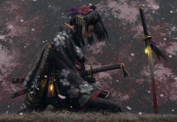 Rule 34 | 1girl, black hair, black kimono, breasts, closed eyes, closed mouth, commentary, day, english commentary, floral print, flower, from side, full body, glowing, guweiz, hair bun, hair flower, hair ornament, highres, japanese clothes, katana, kimono, long sleeves, obi, on grass, original, outdoors, petals, planted, planted sword, planted weapon, print kimono, red flower, sash, sheath, sheathed, sidelocks, single hair bun, small breasts, solo, sword, unsheathed, weapon, wide sleeves