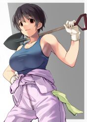 Rule 34 | 1girl, armpits, bare shoulders, blue tank top, breasts, brown eyes, brown hair, cleavage, clothes around waist, collarbone, cowboy shot, gloves, green towel, grey background, hand on own hip, hand up, highres, holding, holding shovel, idolmaster, idolmaster cinderella girls, idolmaster cinderella girls starlight stage, jacket, large breasts, looking at viewer, oikawa shizuku, open mouth, pants, purple jacket, purple pants, short hair, shovel, simple background, smile, solo, standing, tank top, toned, two-tone background, white background, white gloves, youhei (testament)