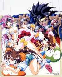 Rule 34 | 1990s (style), 1boy, 6+girls, alina (chip-chan kick!), animal ears, aqua eyes, ass, bent over, blush, breasts, brown hair, chap (chip-chan kick!), chibi, chip-chan kick!, chip (chip-chan kick!), dark-skinned male, dark skin, fake animal ears, fang, highres, large breasts, logo, long hair, looking at viewer, melany marciano, milly marciano, molly marciano, mona marciano, moran marciano, multiple girls, navel, non-web source, official art, open mouth, orb, pink hair, retro artstyle, ribbon, short sleeves, skirt, sylvester marciano (chip-chan kick!), tail, tail ornament, tail ribbon, tears, yanagi hirohiko