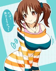 Rule 34 | 10s, 1girl, bare shoulders, blush, bouncing breasts, breasts, brown eyes, brown hair, cleavage, heart, highres, huge breasts, idolmaster, idolmaster cinderella girls, jewelry, looking at viewer, necklace, off shoulder, scrunchie, shirt, smile, solo, striped clothes, striped shirt, suhey345, totoki airi, translated, twintails, upper body