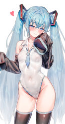 Rule 34 | 1girl, absurdres, adapted costume, bare shoulders, between breasts, black sleeves, black thighhighs, blue eyes, blue hair, blue necktie, blush, breasts, collarbone, collared leotard, covered erect nipples, covered navel, cowboy shot, crossed bangs, detached sleeves, embarrassed, grey leotard, groin, hair ornament, hand up, hatsune miku, head tilt, heart, highres, leotard, long hair, looking at viewer, looking down, looking to the side, necktie, nose blush, oohhya, short necktie, sidelocks, skindentation, sleeves past fingers, sleeves past wrists, small breasts, solo, standing, thighhighs, twintails, very long hair, vocaloid, white background