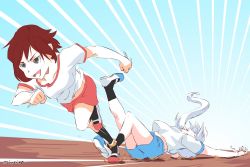Rule 34 | 2girls, commentary request, fallen down, gym shirt, gym shorts, gym uniform, multiple girls, red hair, ruby rose, running, rwby, shirt, shoes, shorts, sneakers, track and field, weiss schnee, white hair