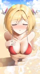 Rule 34 | 1girl, absurdres, aki rosenthal, barefoot, beach, bikini, blonde hair, blush, bob cut, breasts, cleavage, closed eyes, cloud, collarbone, foreshortening, halterneck, headgear, highres, hololive, incoming kiss, large breasts, light particles, navel, puckered lips, red bikini, skindentation, solo, swimsuit, twin (tt lsh), virtual youtuber