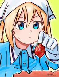 Rule 34 | 1girl, :&lt;, absurdres, blend s, blonde hair, blue shirt, closed mouth, dated, food, fruit, gloves, green background, head scarf, highres, hinata kaho, holding, holding food, holding fruit, long sleeves, ryusei hashida, shirt, signature, solo, stile uniform, strawberry, sweat, twintails, upper body, white gloves