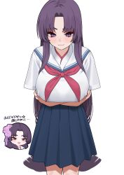Rule 34 | 1girl, :3, absurdres, arms under breasts, black skirt, blue archive, blush, breasts, closed mouth, commentary request, cowboy shot, fffukuzawa, highres, large breasts, looking at viewer, neckerchief, parted bangs, purple eyes, purple hair, red neckerchief, sailor collar, school uniform, serafuku, shirt, short sleeves, simple background, skirt, standing, translation request, white background, white sailor collar, white shirt, yukari (blue archive)