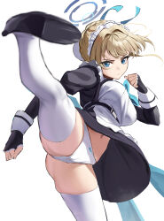 Rule 34 | 1girl, ass, black footwear, blonde hair, blue archive, blue bow, blue eyes, blue ribbon, blurry, blush, bow, bow panties, breasts, closed mouth, depth of field, fingerless gloves, gloves, hair bun, hair intakes, halo, high heels, highres, kicking, looking at viewer, maid, medium breasts, motion lines, panties, pantyshot, ribbon, serious, simple background, solo, stone (ksorede), thighhighs, toki (blue archive), underwear, white background, white panties, white thighhighs, white wrist cuffs, wrist cuffs, zettai ryouiki