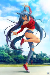 Rule 34 | 1girl, :d, amane sou, animal ears, arm up, bare shoulders, blue hair, blush, bracelet, cloud, cloudy sky, cropped shirt, dark-skinned female, dark skin, denim, ear scrunchie, fang, frilled shirt, frills, hair between eyes, hair ornament, hairclip, highres, hishi amazon (umamusume), horse ears, horse girl, horse tail, jewelry, knee up, long hair, looking at viewer, midriff, off-shoulder shirt, off shoulder, open mouth, outdoors, red eyes, red footwear, red shirt, shirt, shoes, single bare leg, sky, smile, sneakers, solo, standing, standing on one leg, sunlight, tail, thighs, tiptoes, torn clothes, umamusume, very long hair