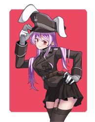 Rule 34 | 1girl, absurdres, alison (alison airlines), animal ears, black necktie, black skirt, black thighhighs, collared shirt, cowboy shot, garter straps, gloves, hand on headwear, hand on own hip, hat, highres, long hair, long sleeves, looking at viewer, necktie, peaked cap, pink hair, pleated skirt, rabbit ears, red background, red eyes, reisen udongein inaba, shirt, simple background, skirt, smile, solo, thighhighs, touhou, white gloves