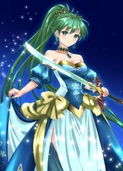 Rule 34 | 1girl, alternate costume, breasts, choker, cleavage, dress, earrings, fire emblem, fire emblem: the blazing blade, gold ribbon, gown, gown lift, green eyes, green hair, high ponytail, highres, holding, holding sword, holding weapon, jewelry, kakiko210, long hair, looking at viewer, lyn (fire emblem), medium breasts, nintendo, official alternate costume, pendant choker, ponytail, ribbon, smile, sol katti, solo, sword, very long hair, weapon
