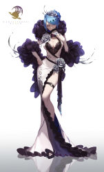 Rule 34 | 1girl, absurdres, black footwear, blue hair, blue nails, breasts, bridal gauntlets, cleavage, cleavage cutout, clothing cutout, contrapposto, copyright name, dress, elbow gloves, flower, folding fan, frills, gem, gloves, hair bun, hair flower, hair ornament, hand fan, hand on own hip, highres, large breasts, long dress, nail polish, pale skin, pointy ears, q9q, reflective floor, shoes, short hair, side slit, single hair bun, solo, standing, swept bangs, thigh strap, white dress, white gloves, yellow eyes