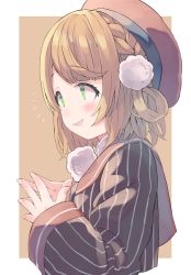 Rule 34 | 1girl, beret, blush, border, braid, brown hair, brown jacket, from side, green eyes, hair ornament, hat, indie virtual youtuber, jacket, long sleeves, medium hair, notice lines, outside border, pom pom (clothes), pom pom hair ornament, shigure ui (vtuber) (1st costume), shigure ui (channel), shigure ui (vtuber), smile, solo, steepled fingers, striped clothes, striped jacket, taker (flamestorm), upper body, vertical stripes, virtual youtuber, white border