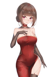 Rule 34 | 1girl, absurdres, black gloves, black thighhighs, breasts, brown hair, china dress, chinese clothes, covered navel, cowboy shot, dress, elbow gloves, gloves, hair bun, highres, ironmarch, medium breasts, red dress, red eyes, simple background, single hair bun, solo, standing, thighhighs, warship girls r, white background, yat sen (warship girls r)