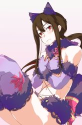 Rule 34 | 1boy, animal ears, brown hair, cosplay, covering privates, covering breasts, embarrassed, fate/grand order, fate (series), fur-trimmed gloves, fur trim, gloves, long hair, low ponytail, male focus, mash kyrielight, mash kyrielight (dangerous beast), mash kyrielight (dangerous beast) (cosplay), oda nobukatsu (fate), official alternate costume, red eyes, simple background, yamaioni (sasakama)