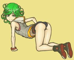 Rule 34 | 1girl, all fours, arched back, ass, bracelet, curly hair, green eyes, green hair, high tops, hood, hoodie, jewelry, looking at viewer, looking back, matching hair/eyes, one-punch man, petite, short shorts, shorts, shueisha, simple background, sleeveless, sleeveless hoodie, smile, sneakers, solo, tatsumaki, wabaki