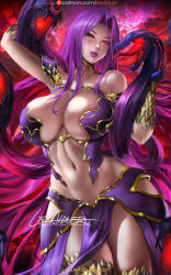 Rule 34 | 1girl, breasts, cleavage, covered erect nipples, fate/grand order, fate (series), gorgon (fate), harem outfit, large breasts, lexaiduer, lips, looking at viewer, medusa (fate), medusa (rider) (fate), navel, parted bangs, purple hair, purple lips, red eyes, rider, slit pupils, snake, snake hair, thick lips, thick thighs, thighs