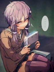 Rule 34 | ..., 1girl, absurdres, at2., bag, black skirt, blush, bracelet, closed mouth, collarbone, desk, expressionless, glowing, half-closed eyes, handheld game console, highres, holding, jewelry, long sleeves, looking to the side, nintendo 3ds, playing games, pleated skirt, purple eyes, purple hair, purple thighhighs, school bag, short hair with long locks, sitting, skirt, solo, speech bubble, spoken ellipsis, sweater, table, thighhighs, vocaloid, voiceroid, yuzuki yukari, zettai ryouiki