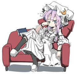 Rule 34 | 1girl, black legwear, blue eyes, book, coat, couch, crescent, dress, hair ribbon, hat, long sleeves, lowres, mob cap, noya makoto, purple hair, red upholstery, ribbon, rubbing eyes, simple background, sitting, solo, striped clothes, striped dress, touhou, tress ribbon, wide sleeves