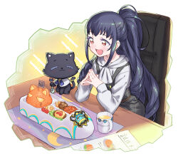 Rule 34 | 1girl, :d, bento, black cat, black dress, blue hair, cat, chair, cherry tomato, commentary request, cup, dress, elbows on table, food request, grey shirt, kagayaki eve, kiratto pri chan, lettuce, long hair, long sleeves, luluna (pri chan), mug, murakami hisashi, open mouth, own hands together, ponytail, pretty series, red eyes, shirt, sidelocks, sitting, smile, solo, steepled fingers, table, tomato, upper body, very long hair, white background