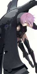 Rule 34 | 1girl, absurdres, armor, armored dress, bare shoulders, breasts, commentary request, elbow gloves, expressionless, fate/grand order, fate (series), full body, gloves, hair over one eye, highres, holding, holding shield, holding weapon, light purple hair, looking away, lord camelot (fate), mash kyrielight, modare, over shoulder, pink hair, purple eyes, purple hair, serious, shield, short hair, simple background, solo, weapon, weapon over shoulder, white background