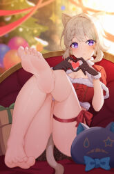 Rule 34 | 1girl, absurdres, alternate costume, animal ears, ass, bare legs, barefoot, black gloves, blonde hair, braid, breasts, brown panties, capelet, cat ears, cat tail, christmas, christmas tree, cleavage, closed mouth, couch, crop top, expressionless, feet, foot focus, fur-trimmed capelet, fur trim, genshin impact, gloves, hands up, heart, heart hands, highres, knees up, lace, lace-trimmed panties, lace trim, large breasts, leg up, legs, looking at viewer, lynette (genshin impact), mengxin huazha, no pants, on couch, panties, purple eyes, red shirt, shirt, short hair, sitting, skindentation, soles, solo, tail, thigh strap, thighs, toenails, toes, underwear