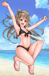 Rule 34 | 10s, 1girl, :d, absurdres, armpits, arms up, bad id, bad pixiv id, beach, bikini, black bikini, bow, brown eyes, brown hair, day, front-tie bikini top, front-tie top, green bow, grey hair, hair bow, halterneck, highres, jumping, keffiy, long hair, love live!, love live! school idol project, minami kotori, navel, ocean, one side up, open mouth, outstretched arms, sandals, smile, solo, swimsuit