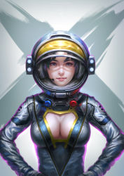 Rule 34 | 1girl, astronaut, black hair, blue eyes, breasts, center opening, cleavage, cleavage cutout, clothing cutout, commentary, gloves, hands on own hips, headgear, headset, helmet, large breasts, looking at viewer, mole, mole under eye, nose, original, parted lips, short hair, smile, solo, spacesuit, upper body, wen juinn