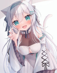 Rule 34 | 1girl, :d, animal ears, aqua eyes, aqua hairband, bare shoulders, blush, breasts, cat ears, cat girl, cat tail, claw pose, cleavage, commentary request, dress, fang, frilled sleeves, frills, gradient background, grey background, grey hair, hair between eyes, hair ornament, hairband, hairclip, hand up, heart, heart hair ornament, highres, jacket, long hair, long sleeves, looking at viewer, medium breasts, off shoulder, open clothes, open jacket, open mouth, original, ringouulu, see-through, see-through cleavage, sleeveless, sleeveless dress, smile, solo, tail, very long hair, white background, white dress, white jacket, wide sleeves
