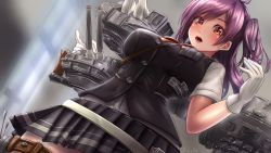 Rule 34 | adapted turret, ahoge, black skirt, black vest, blouse, breasts, cannon, commission, gloves, hagikaze (kancolle), highres, kantai collection, long hair, medium breasts, miniskirt, miyakura haruto, neck ribbon, one side up, pleated skirt, purple hair, red ribbon, ribbon, rigging, shirt, short sleeves, skeb commission, skirt, solo, thigh strap, torpedo launcher, vest, white gloves, white shirt, yellow eyes