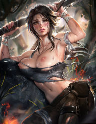 Rule 34 | 1girl, armpits, bandaged arm, bandages, bare shoulders, blush, breasts, breasts out, brown eyes, brown hair, camisole, cowboy shot, dirty, female focus, fire, highres, lara croft, large breasts, lips, long hair, looking at viewer, midriff, navel, nipple slip, nipples, outdoors, parted lips, sakimichan, shirt, solo, sweat, tape, thigh strap, tomb raider, tomb raider (reboot), topfreedom, torn clothes, torn shirt, tree, water, weapon, wet