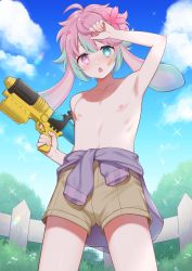 Rule 34 | +++ (artist), 1boy, :o, animal ears, arm up, blue sky, blush, cloud, commission, flower, green eyes, green hair, gun, hair flower, hair ornament, heterochromia, highres, holding, holding gun, holding weapon, looking at viewer, looking down, male focus, multicolored hair, nipples, nose blush, open mouth, pectorals, pink eyes, pink hair, rabbit boy, rabbit ears, shorts, skeb commission, sky, solo, topless male, water gun, weapon