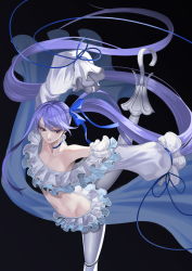 Rule 34 | 1girl, absurdly long hair, absurdres, arm up, bare shoulders, black background, blue choker, blue eyes, blue ribbon, breasts, butt crack, choker, collarbone, commentary request, djawnsgtlr, earrings, fate/grand order, fate (series), floating hair, frilled skirt, frills, hair ribbon, highres, jewelry, leg up, long hair, long sleeves, looking down, meltryllis, meltryllis (fate), meltryllis (swimsuit lancer) (fate), meltryllis (swimsuit lancer) (third ascension) (fate), navel, parted lips, ponytail, prosthesis, puffy sleeves, purple hair, ribbon, simple background, skirt, small breasts, solo, standing, standing on one leg, straight hair, very long hair