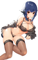 Rule 34 | 1girl, akizone, au ra, bare shoulders, black bra, black choker, black jacket, black panties, blue hair, blush, borrowed character, bra, breasts, brown thighhighs, choker, cleavage, collarbone, fictional persona, final fantasy, final fantasy xiv, highres, jacket, large breasts, lingerie, looking at viewer, multi-strapped bra, multi-strapped panties, navel, off shoulder, open clothes, open jacket, original, panties, red eyes, renz (rirene rn), short hair, simple background, skindentation, solo, stomach, tail, thick thighs, thighhighs, thighs, underwear, warrior of light (ff14), white background