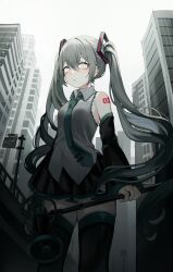 Rule 34 | 1girl, absurdres, aqua eyes, aqua hair, aqua necktie, bizet, black footwear, black thighhighs, breasts, city, cloud, cloudy sky, collared shirt, commentary, detached sleeves, full body, grey shirt, hair between eyes, hatsune miku, headset, highres, holding, holding paper, long hair, looking at viewer, necktie, open mouth, outdoors, paper, pleated skirt, shirt, skirt, sky, sleeveless, sleeveless shirt, small breasts, solo, standing, thighhighs, twintails, vocaloid