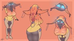 Rule 34 | 1girl, absurdres, arcafterdark, ass, blue eyes, blush, breasts, cleavage, earrings, hands on own thighs, highres, huge breasts, ivara (warframe), jewelry, leaning forward, looking at viewer, mature female, multiple views, signature, simple background, standing, v, warframe