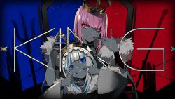 Rule 34 | 2girls, animal hood, artist request, barbed wire, blue eyes, blue nails, bracer, crown, finger to mouth, fur collar, gawr gura, highres, hololive, hololive english, hood, king (vocaloid), lipstick, makeup, mori calliope, multiple girls, nail polish, pink eyes, pink hair, red nails, second-party source, sharp teeth, teeth, throne, virtual youtuber, vocaloid, white hair