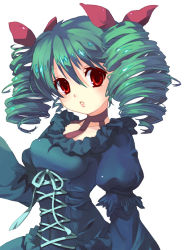 Rule 34 | 00s, 1girl, d.gray-man, drill hair, green hair, layered sleeves, lenalee lee, long sleeves, mintchoco (orange shabette), red eyes, ribbon, ringlets, short over long sleeves, short sleeves, simple background, solo, twintails, white background