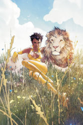 Rule 34 | 1girl, bird, blue sky, bodysuit, breasts, brown eyes, brown hair, bug, butterfly, cleavage, cloud, comic cover, dark-skinned female, dark skin, dc comics, earrings, elbow gloves, emblem, female focus, field, flower, gloves, grass, highres, insect, jewelry, joshua middleton, justice league, leaning, lion, looking at viewer, lying, mari jiwe mccabe, necklace, nipples, official art, on back, pixie cut, popped collar, short hair, sky, sleeveless, solo, vixen (dc), yellow eyes