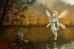 Rule 34 | 2girls, absurdres, aqua hair, autumn, autumn leaves, beret, blonde hair, buttons, curly hair, fairy wings, fins, floating hair, hat, head fins, highres, lake, long sleeves, looking at another, luna child, multiple girls, outdoors, plant, reflection, ripples, roots, smile, touhou, tree, u-joe, uniform, wakasagihime, water, wings